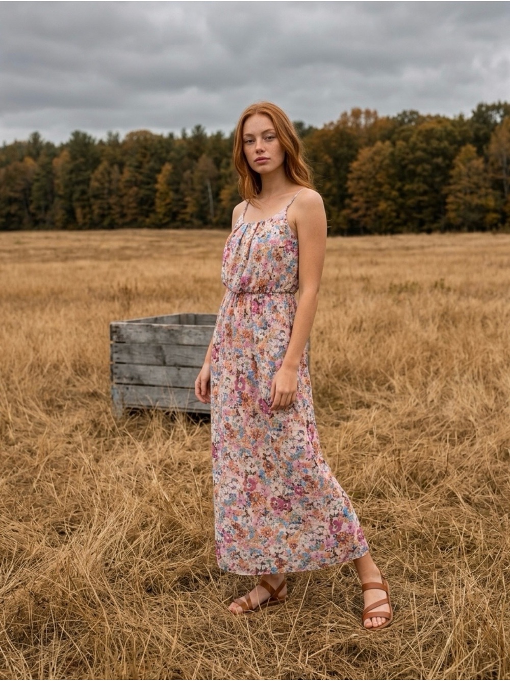 Floral Spaghetti-Strap Maxi Dress in Multi Pink